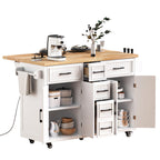 K&K 56.5'' Kitchen Island with Drop Leaf, Power Outlet, Embossed Vertical Stripe Rolling Kitchen Cart on Wheels with 4 Doors , 5 Deep Drawers and Adjustable Shelves, for Kitchen, Dining Room, White - Grand Goldman Shop