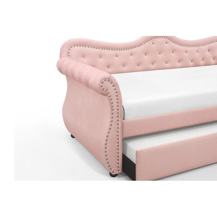 Abby Modern Style Upholstered Velvet Wood Daybed with Trundle in Pink - Grand Goldman Shop