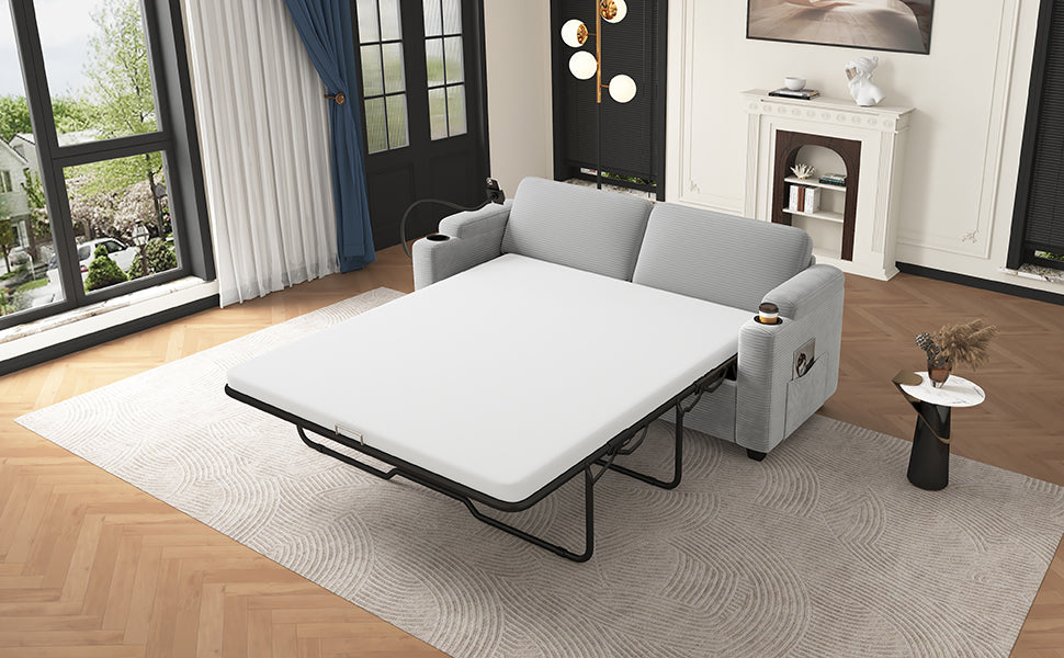Corduroy Sleeper Sofa Loveseat with Full Size Mattress, USB Ports, Cup Holders, Side Pockets, and Phone Holder, Grey - Grand Goldman Shop
