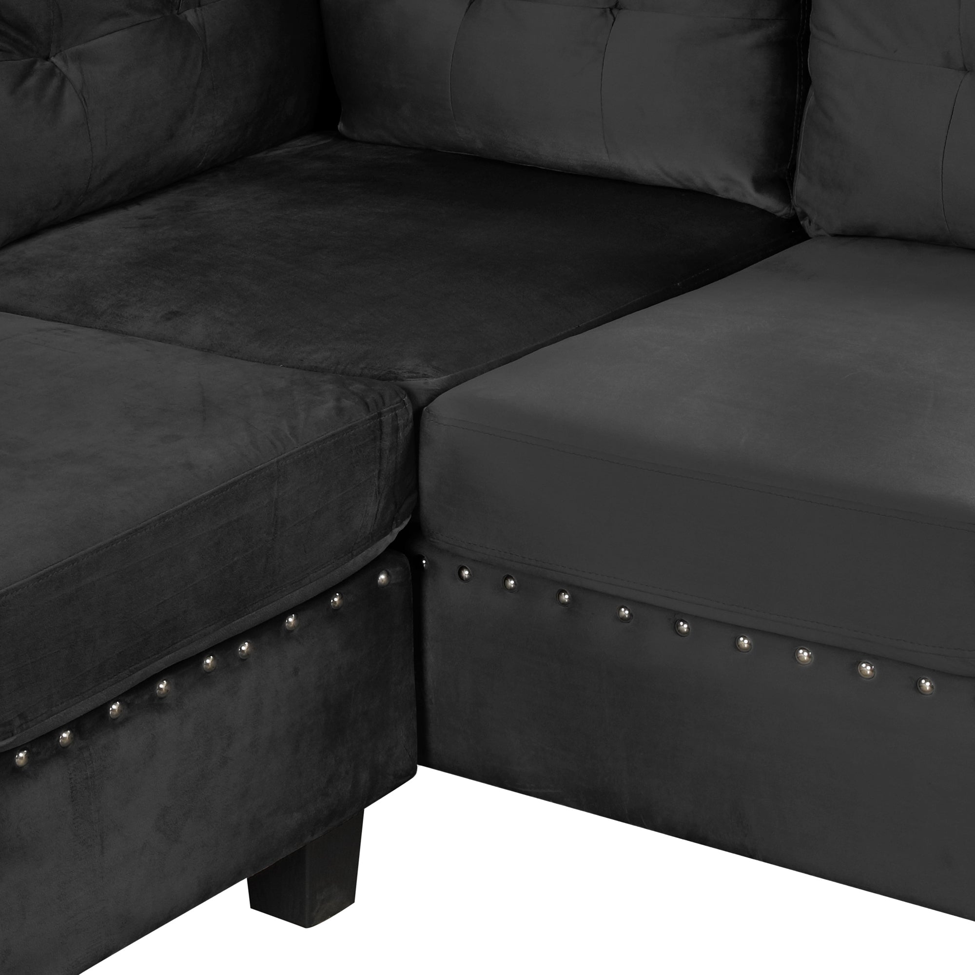 Modern Sectional Sofa with Storage Ottoman, L-Shape Couch with 2 Pillows and Cup Holders, Black Velvet, 105' - Grand Goldman Shop