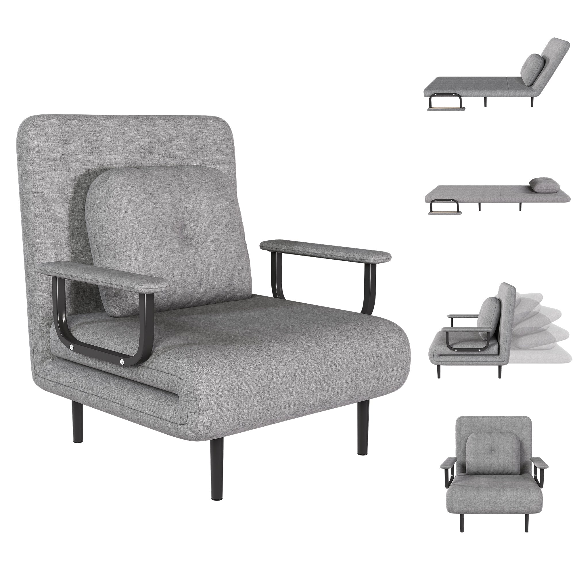 Folding Sofa Bed 5-in-1 Convertible Chair with Adjustable Backrest and Pillow, Grey Flannelette, Compact Design - Grand Goldman Shop