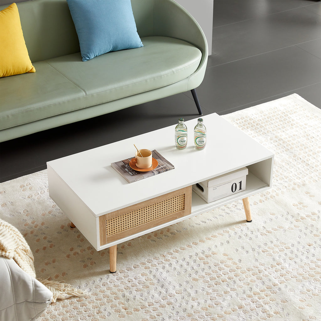 41.34' Rattan Coffee Table, Sliding Door for Storage, Solid Wood Legs, Modern Table for Living Room-White - Grand Goldman Shop