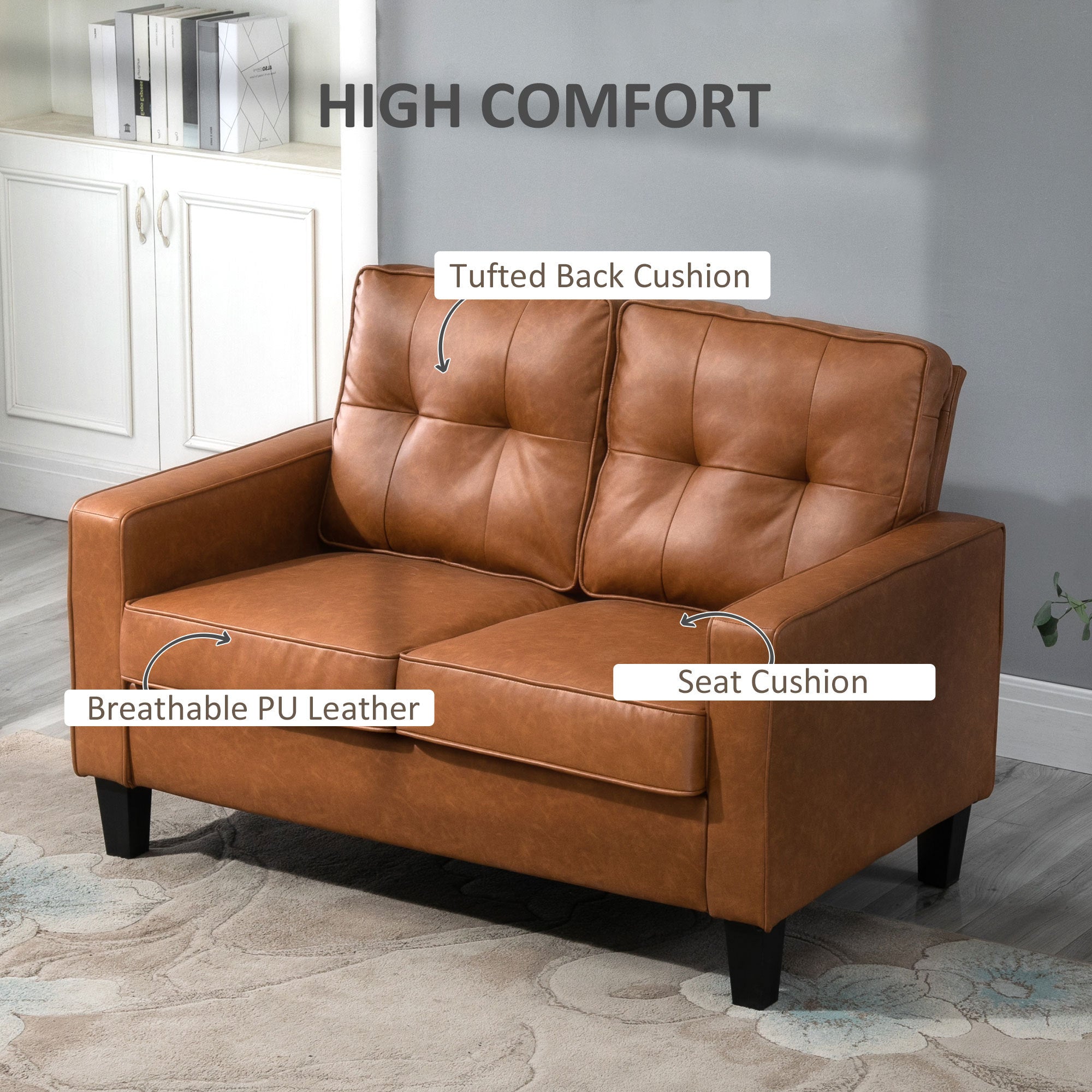 HOMCOM 51' Wide Loveseat with Armrest, 2-Seater Tufted PU Leather Double Sofa, Brown - Grand Goldman Shop