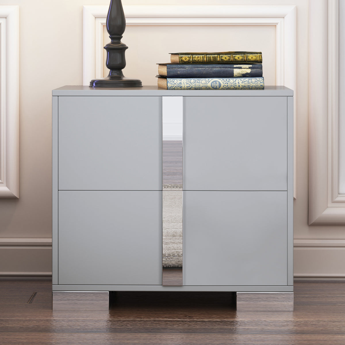 Elegant Nightstand with Metal Foot, Mirrored Bedside Table with 2 Drawers for Bedroom, Living Room, Gray (Old SKU: WF319353AAE) - Grand Goldman Shop