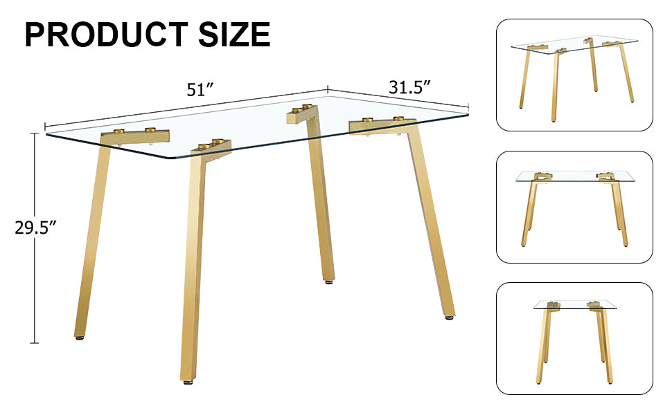 Modern minimalist style rectangular glass dining table with tempered glass tabletop and golden metal legs, suitable for kitchen, dining room, and living room, 51 ' * 31.5 ' * 29.5 '   1123 - Grand Goldman Shop