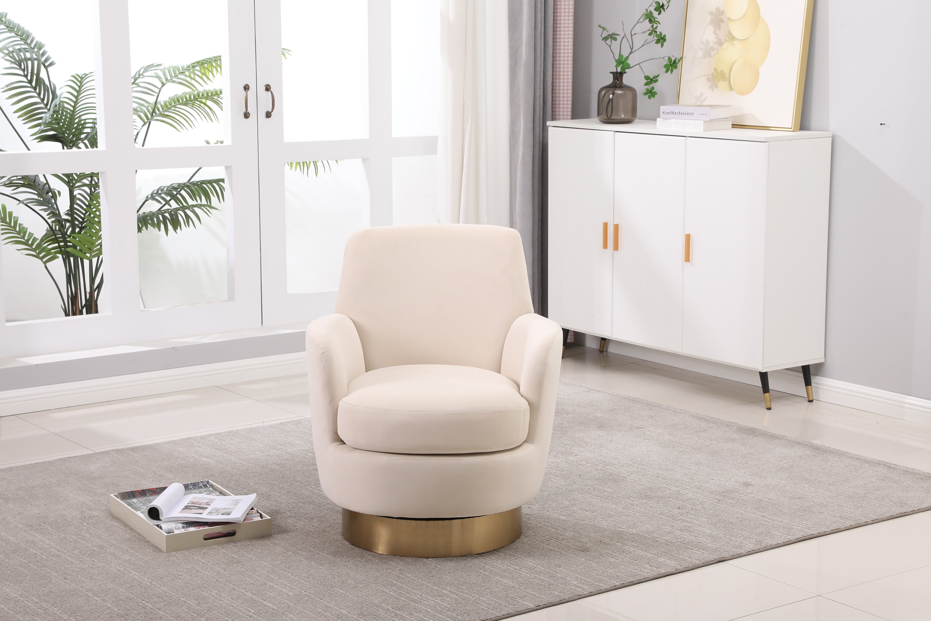 Velvet Swivel Barrel Chair, Swivel Accent Chairs Armchair for Living Room, Reading Chairs for Bedroom Comfy, Round Barrel Chairs with Gold Stainless Steel Base (Beige) - Grand Goldman Shop