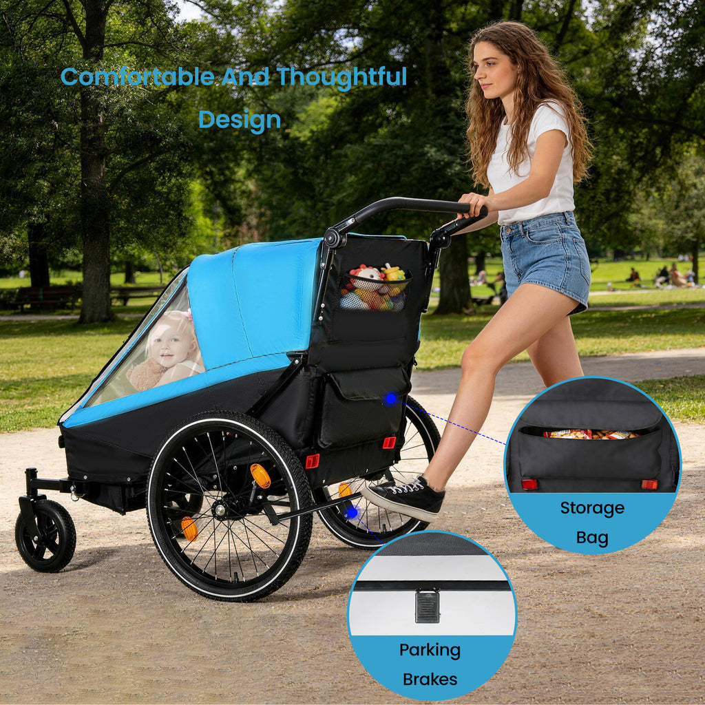 2 in 1 Kids Bike Trailer and Stroller for 1 to 2 Children, Jogging Function, Foldable Compact Storage with Universal Bike Hit