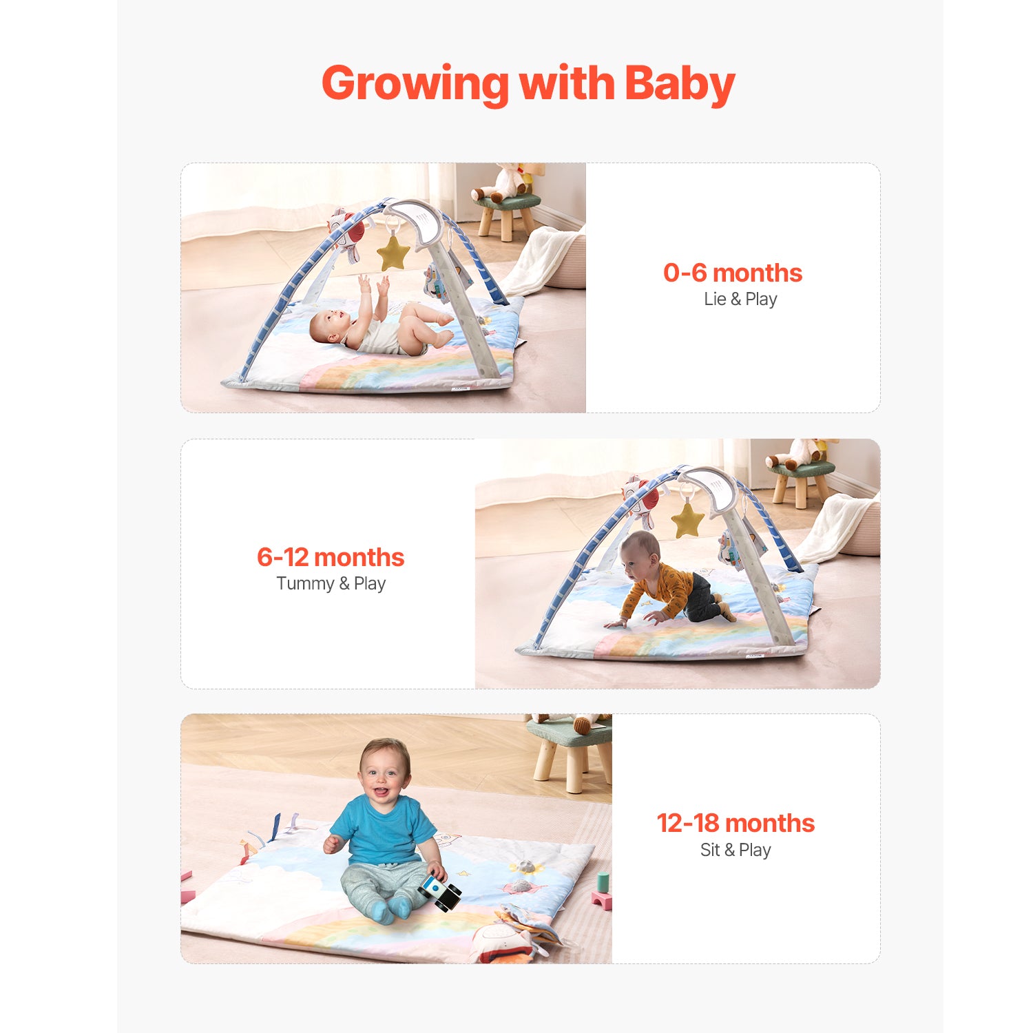 Baby Play Gym Mat Tummy Time Activity Mat with 6 Sensory Toys 35.0' x 35.0' - Grand Goldman