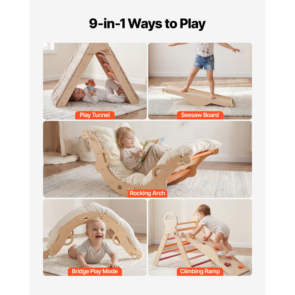 Pikler Triangle Set, 9-in-1 Toddler Climbing Toys Indoor, with 2 Wooden Cars, Cushion, Triangle, Arch, and Ramp, 150 lbs Load