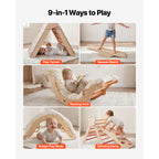 Pikler Triangle Set, 9-in-1 Toddler Climbing Toys Indoor, with 2 Wooden Cars, Cushion, Triangle, Arch, and Ramp, 150 lbs Load