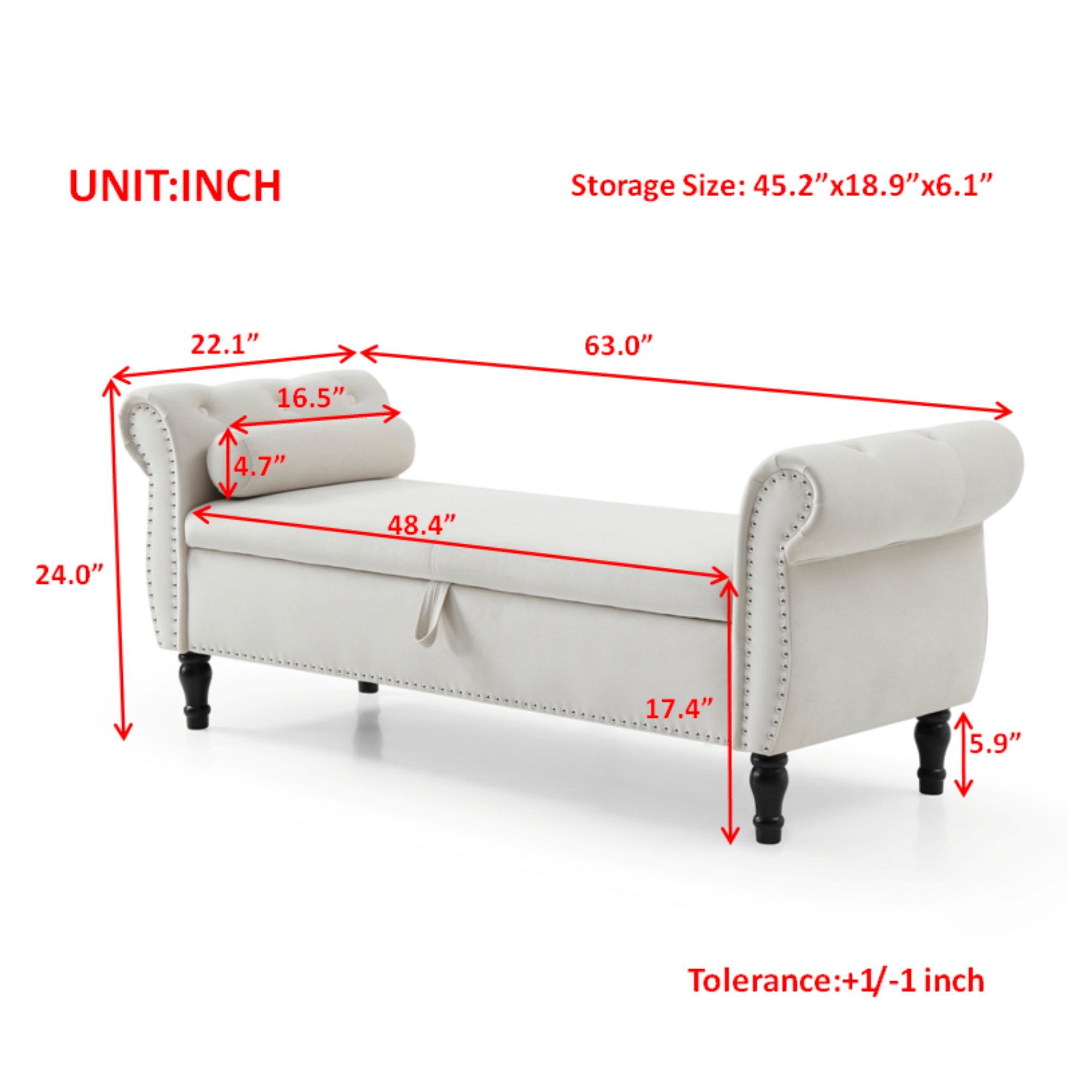 Aijia 63' Velvet Multifunctional Storage Rectangular Sofa Stool Buttons Tufted Nailhead Trimmed Solid Wood Legs with 1 Pillow,Beige - Grand Goldman Shop
