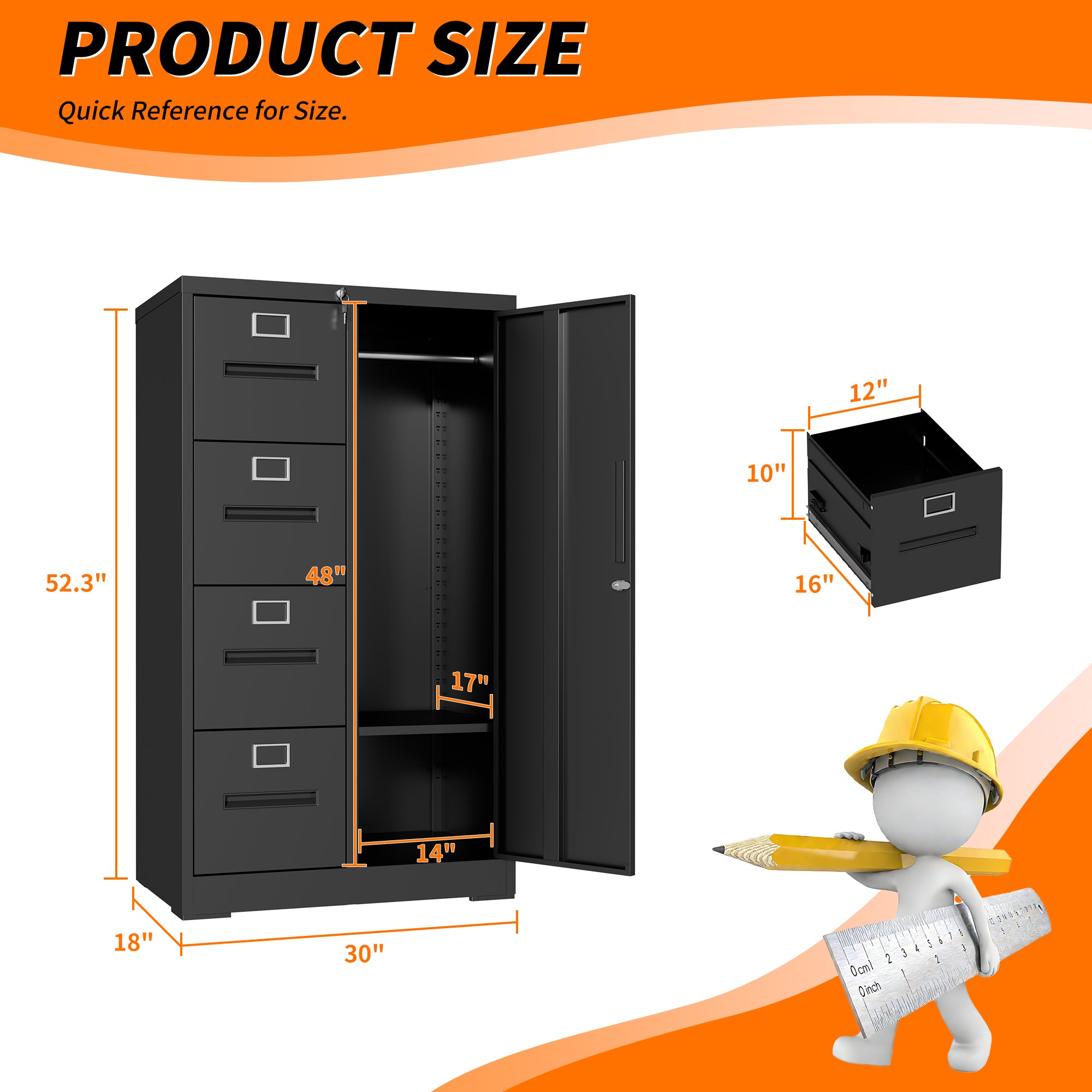 Metal Storage Vertical Filing Cabinet with Lock, Steel File Locker with 4 Drawers and 1 door for School, Living Room, Bedroom