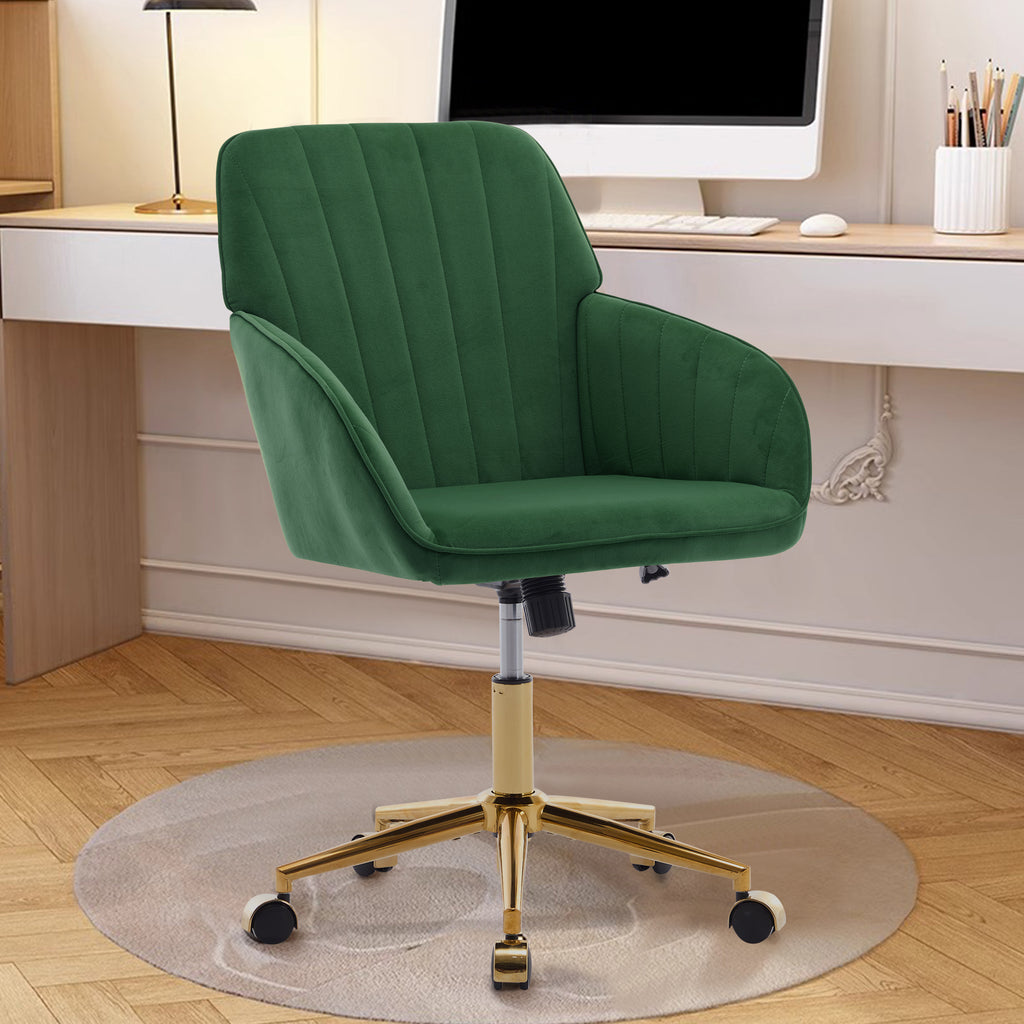TY Ergonomic Office Chair with Adjustable Backrest and Armrests, Green Velvet Upholstery, Gold-Plated Base, Comfortable for L