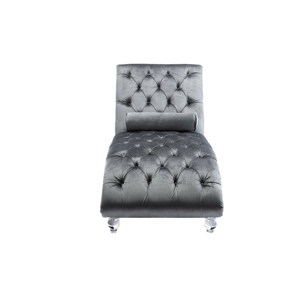 Velvet Chaise Lounge Indoor, Button-Tufted Upholstered Chaise Lounge Chair with Pillow, Silver Velvet, 63.98 Inches - Grand Goldman Shop