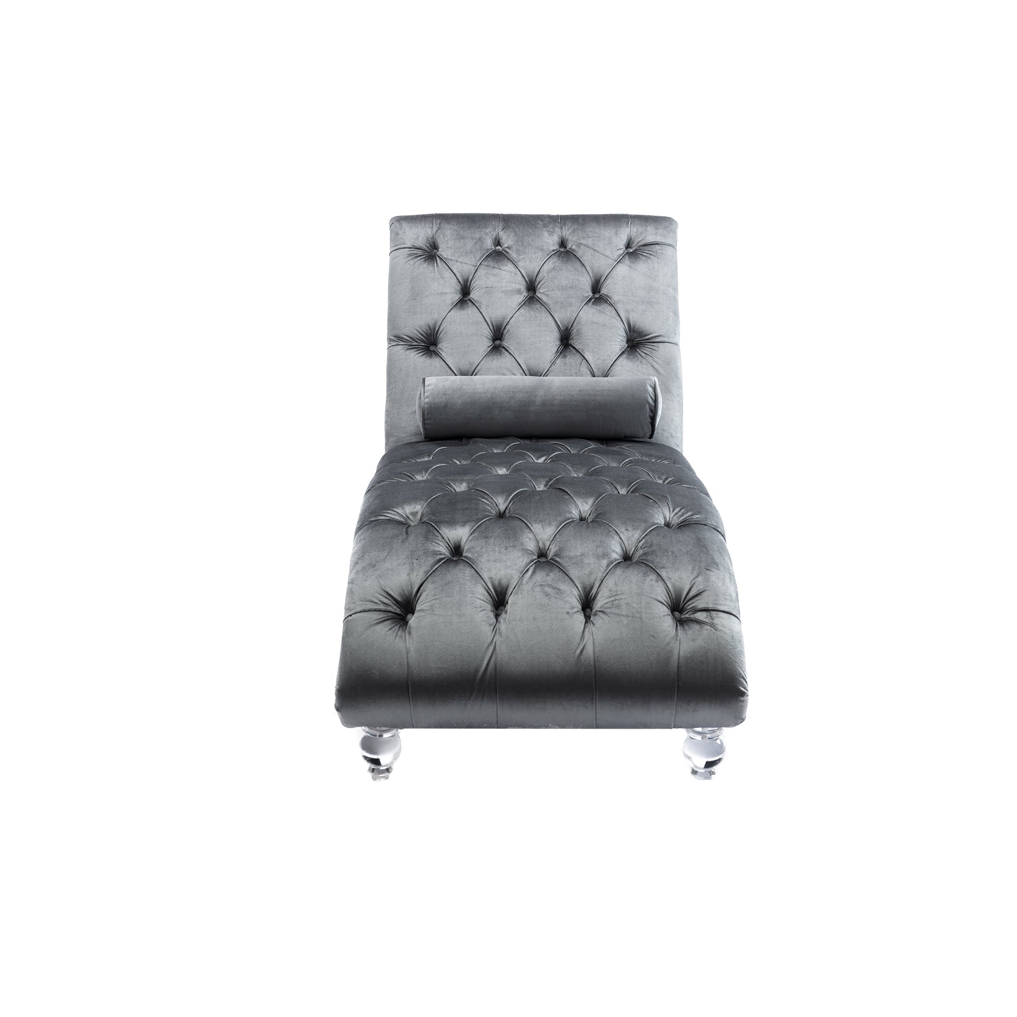 Velvet Chaise Lounge Indoor, Button-Tufted Upholstered Chaise Lounge Chair with Pillow, Silver Velvet, 63.98 Inches - Grand Goldman Shop