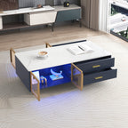 Modern Navy Blue Coffee Table with 2 Glass Door Storage, 4 Drawers, Gold Metal Legs, and Multi-Color Lighting in 47.2'' - Grand Goldman Shop