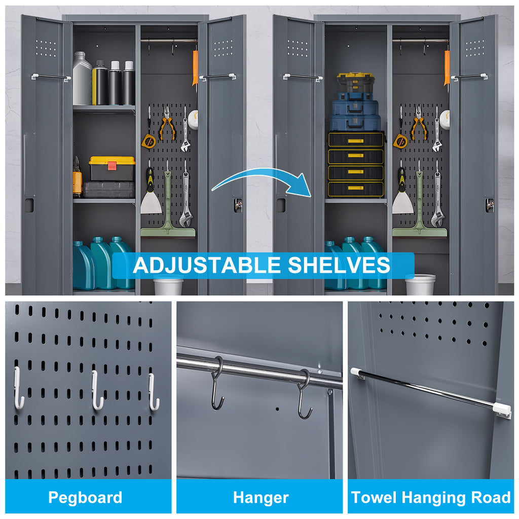 Grey Heavy Duty Metal Storage Cabinet with Locking Doors, Hanging Rod & Shelves, 65' H Broom Closet for Garage or Basement - 