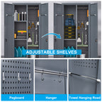 Grey Heavy Duty Metal Storage Cabinet with Locking Doors, Hanging Rod & Shelves, 65' H Broom Closet for Garage or Basement - 