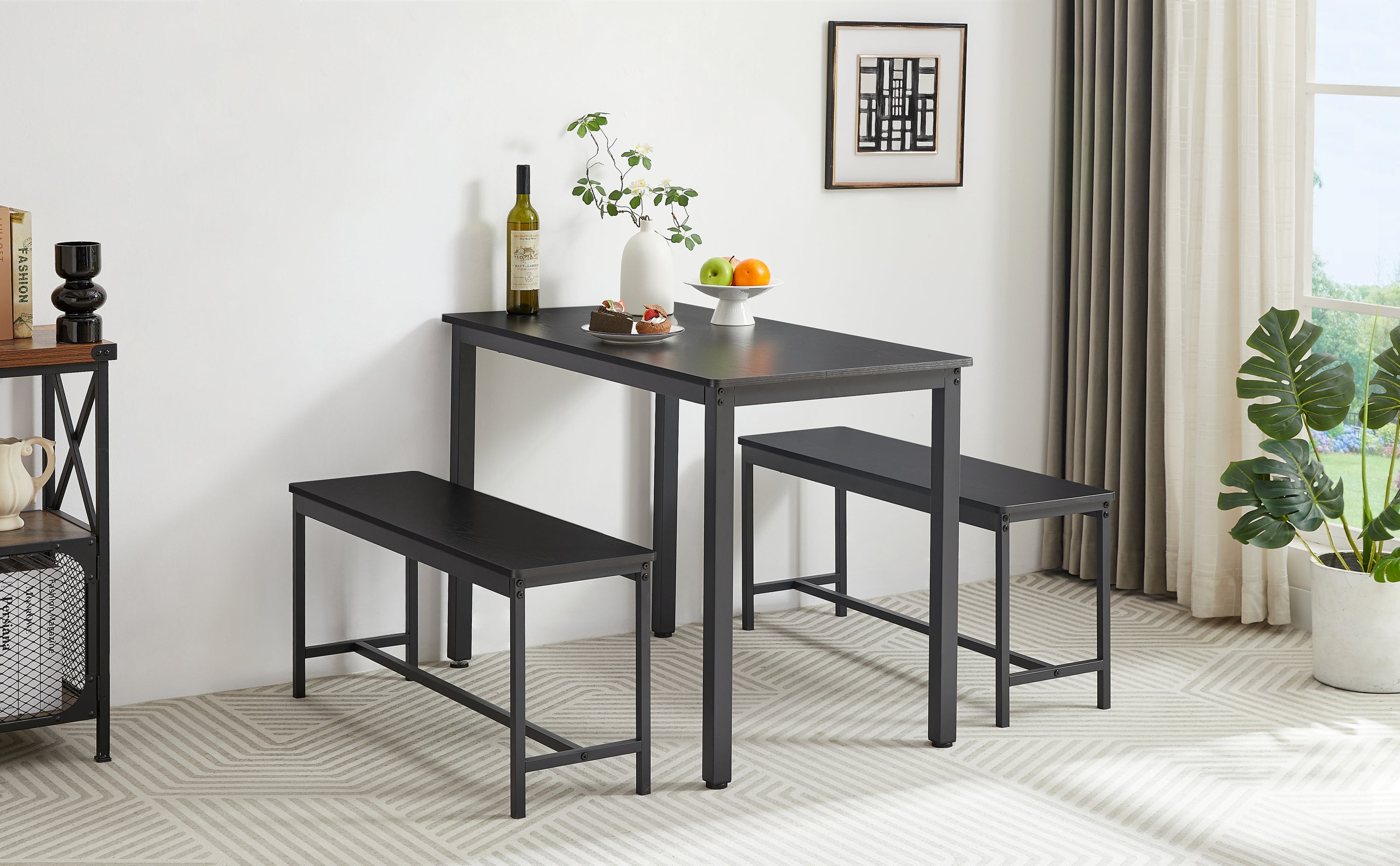 Dining Table Set, Bar Table with 2 Dining Benches, Kitchen Table Counter with Chairs, Industrial for Kitchen Breakfast Table, Living Room, Party Room, Black , 43.3″L x23.6″W x 29.9″H - Grand Goldman Shop