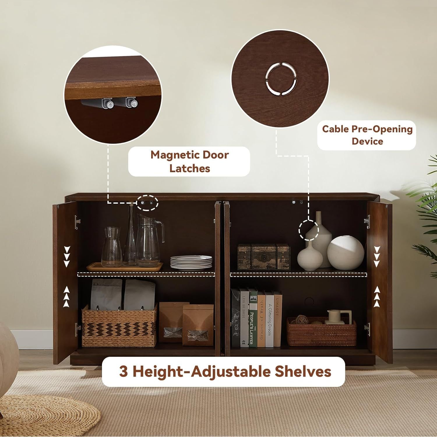 4 Door Accent Cabinet with Solid Wood Carved Doors, Adjustable Shelves, Push to Open Storage Cabinet with Cable Management, Ash Veneer Sideboard for Living Room, - Grand Goldman Shop