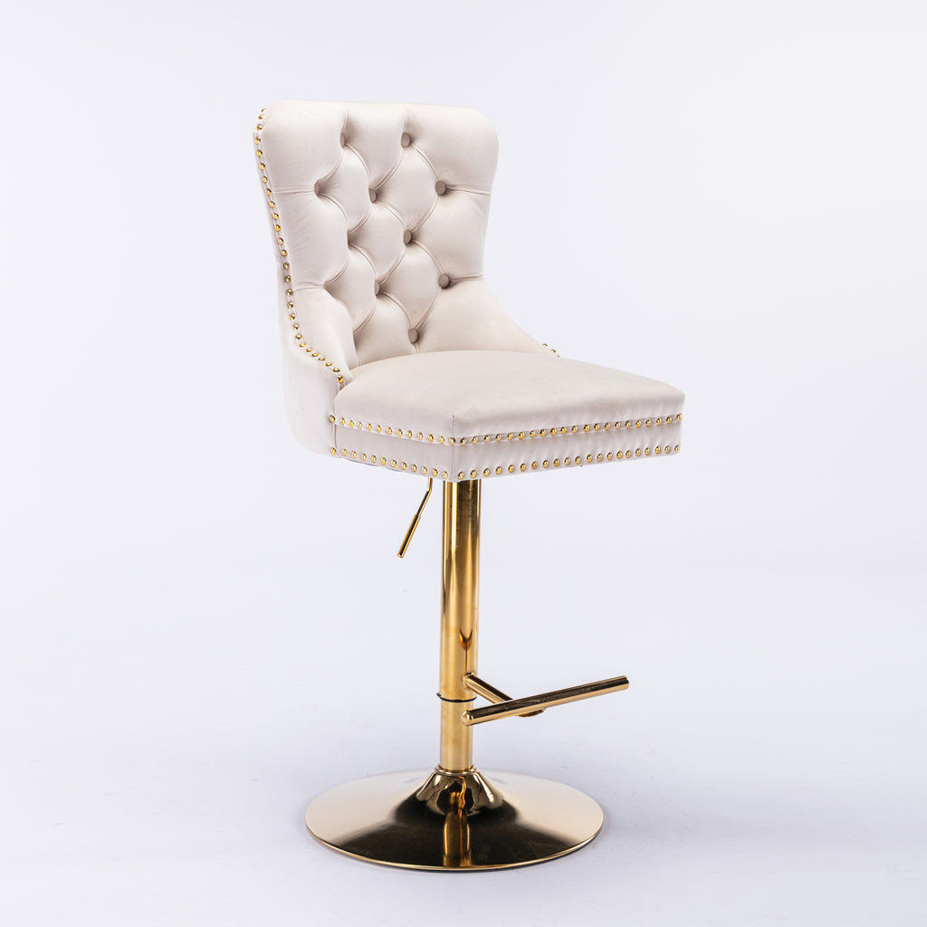 A&A Furniture,Thick Golden Swivel Velvet Barstools Adjusatble Seat Height from 27-35 Inch, Modern Upholstered Bar Stools with Backs Comfortable Tufted for Home Pub and Kitchen Island (Beige,Set of 2) - Grand Goldman Shop