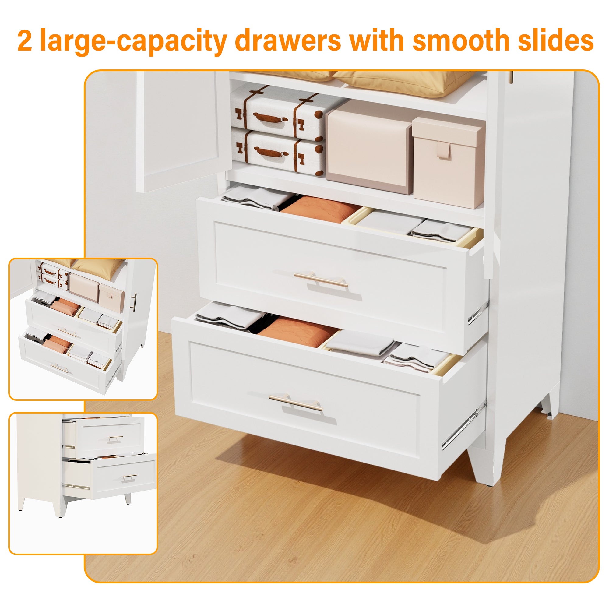 71' Tall Metal Wardrobe Cabinet with 2 Drawers and Hanging Rod, 2 Doors Wardrobe Closet with Shelf for Bedroom, Office, Laundry Room,Entryway ,Foyer,Guesthouse (White) - Grand Goldman Shop