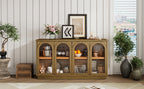 TREXM 4-Door Large Storage Buffet Cabinet with Glass Doors, Arched Cabinet with Adjustable Shelves for Kitchen, Dining Room and Living Room (Old Pine) - Grand Goldman Shop