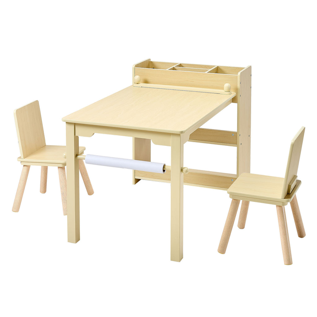Kids Art Table and Chair Set, Toddler Craft Table with 3 Tiers Storage Cabinet, Wooden Kids Activity Play Desk with 2 Chairs,