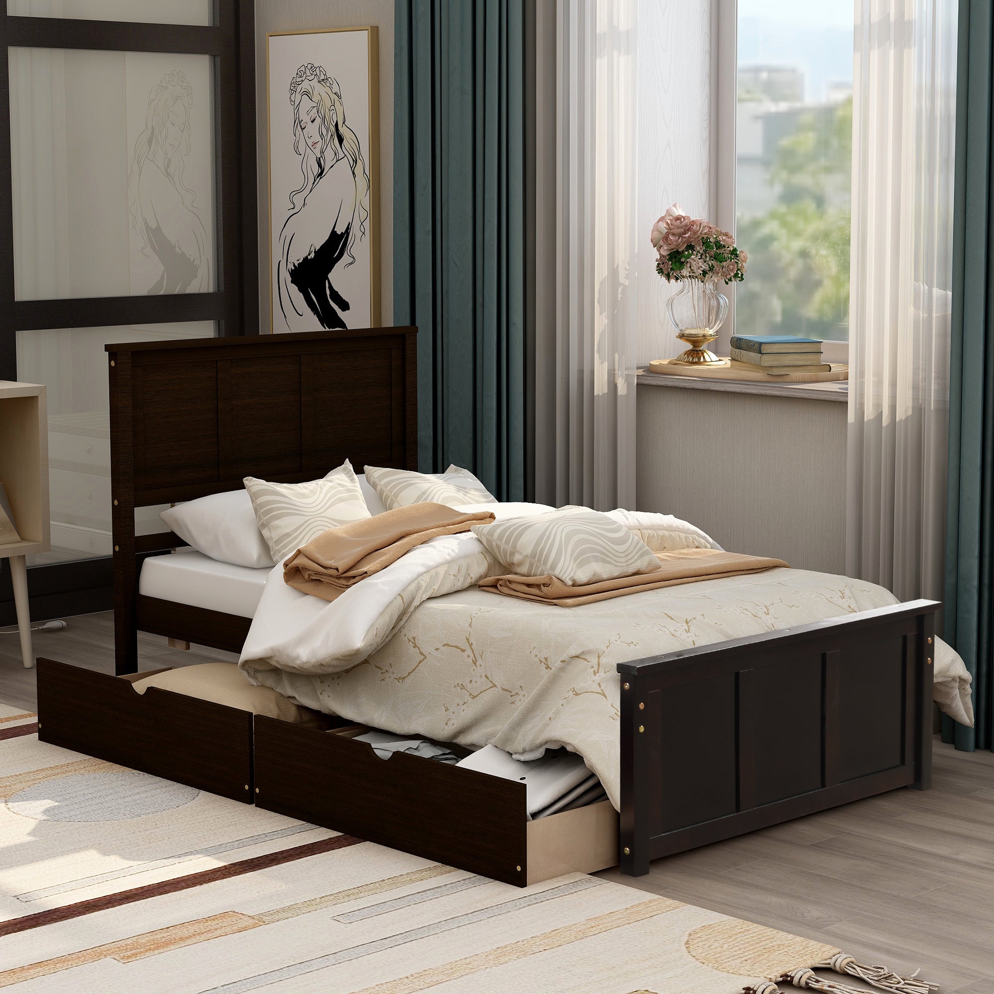 Espresso Platform Storage Bed with 2 Wheel-Base Drawers, Twin Size Frame, Pine Wood and MDF Construction - Grand Goldman Shop
