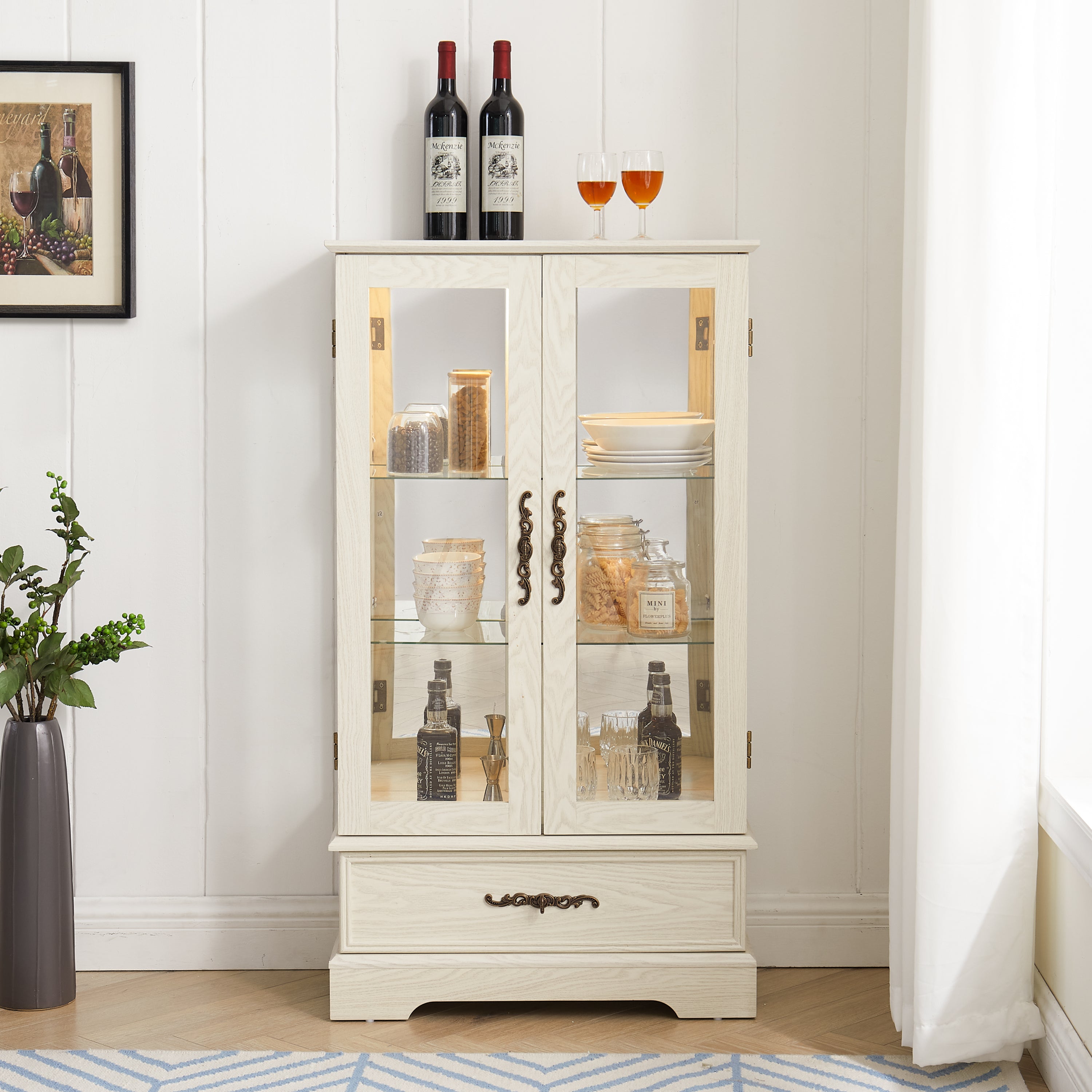 Glass Cabinet Lighted Glass Cabinet Curio Display Cabinet with Adjustable Glass Shelves 2 Doors and 1 drawer Cabinet Bulb Included White - Grand Goldman Shop