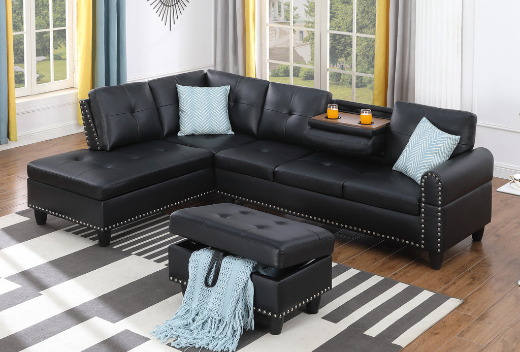 Black Faux Leather L - Shaped Sectional with Storage & Cup Holders - Grand Goldman Shop