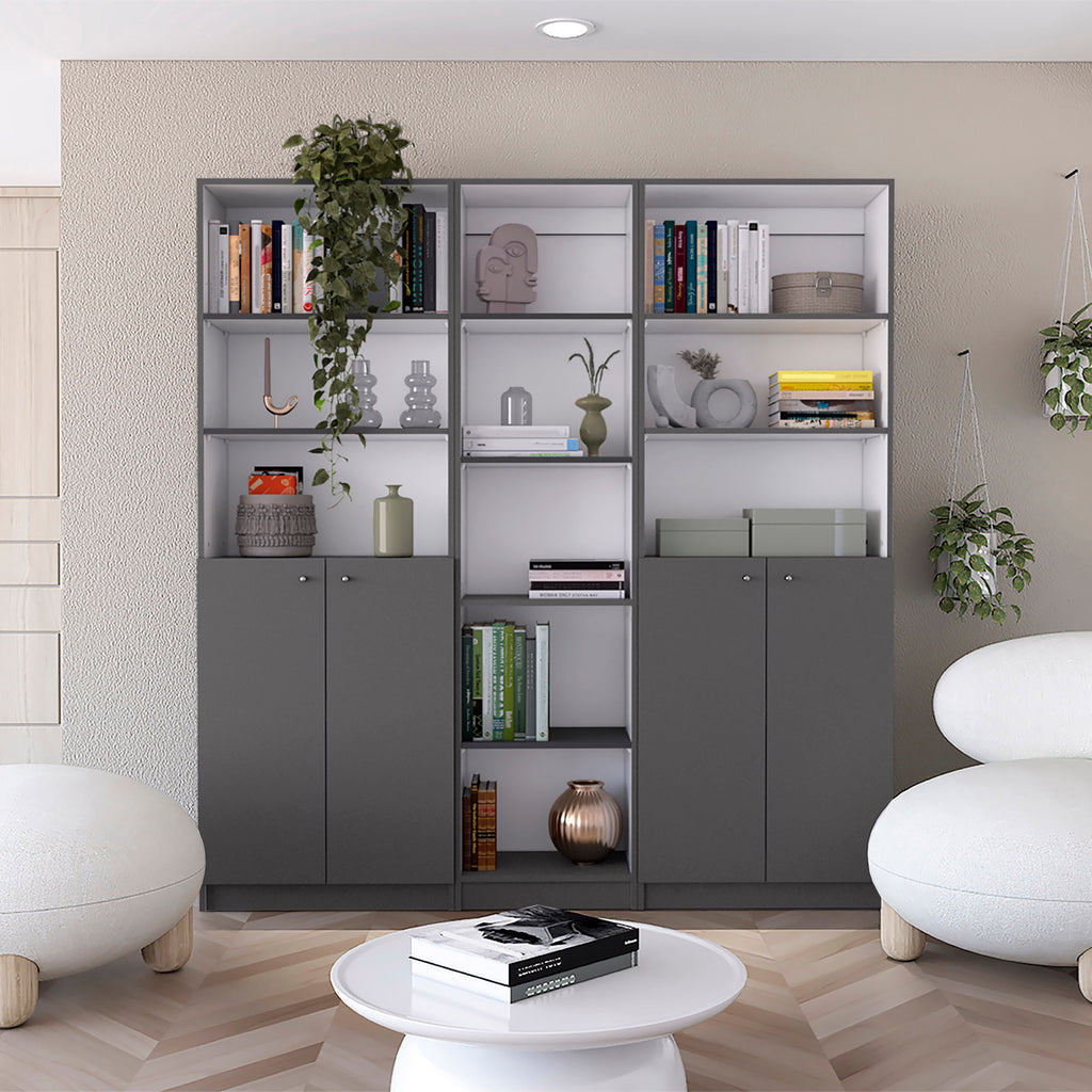 Acres 3 Piece Home Bookcase set, 67' Wide with 11 Shelves and Two Double-Door Cabinet ,  Living Room Set  Matt Gray / White -