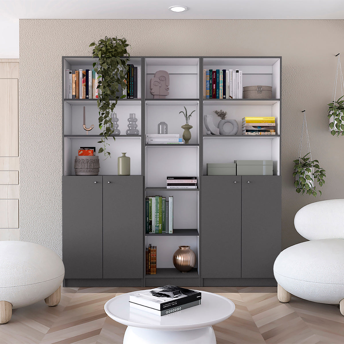 Acres 3 Piece Home Bookcase set, 67' Wide with 11 Shelves and Two Double-Door Cabinet ,  Living Room Set  Matt Gray / White -