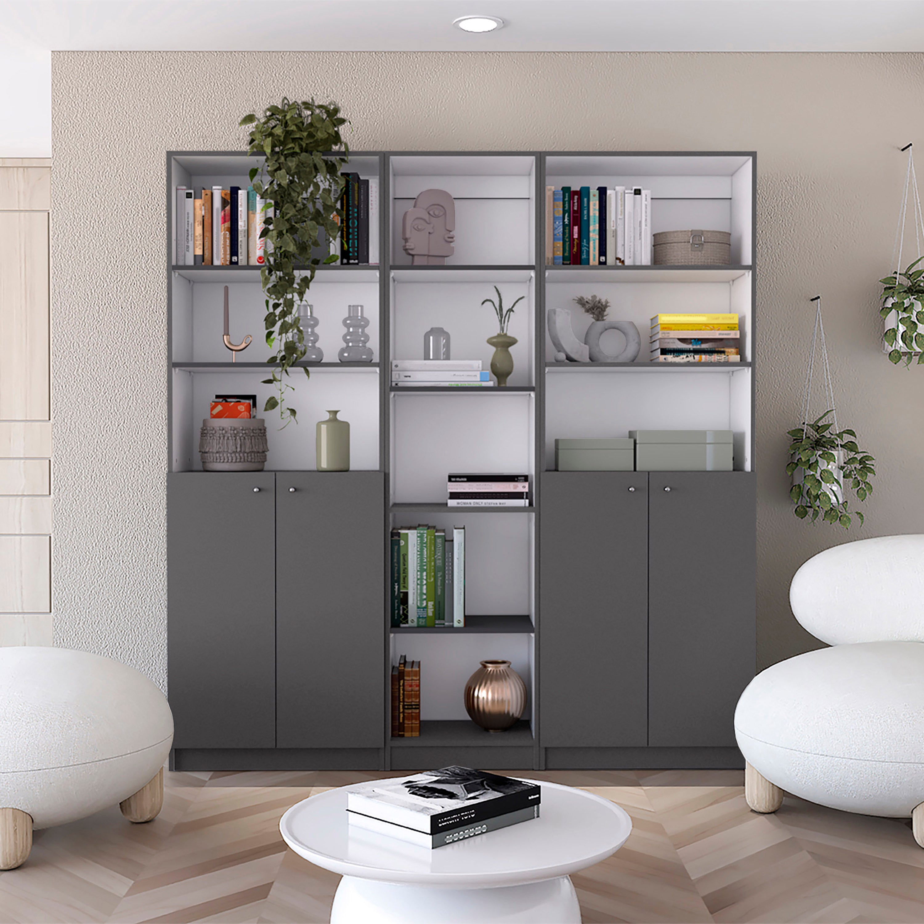 Acres 3 Piece Home Bookcase set, 67' Wide with 11 Shelves and Two Double-Door Cabinet ,  Living Room Set  Matt Gray / White -