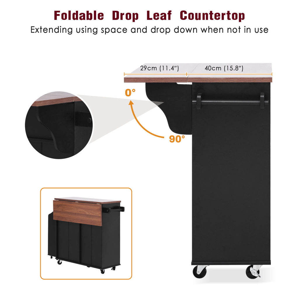 K&K 47.2' Farmhouse Kitchen Island with Drop Leaf, Kitchen Storage Island with Removable Side Racks, Two Drawers, Rolling Kitchen Cart on Wheels with Towel Rack, for Home, Kitchen, Dining Room, Black - Grand Goldman Shop