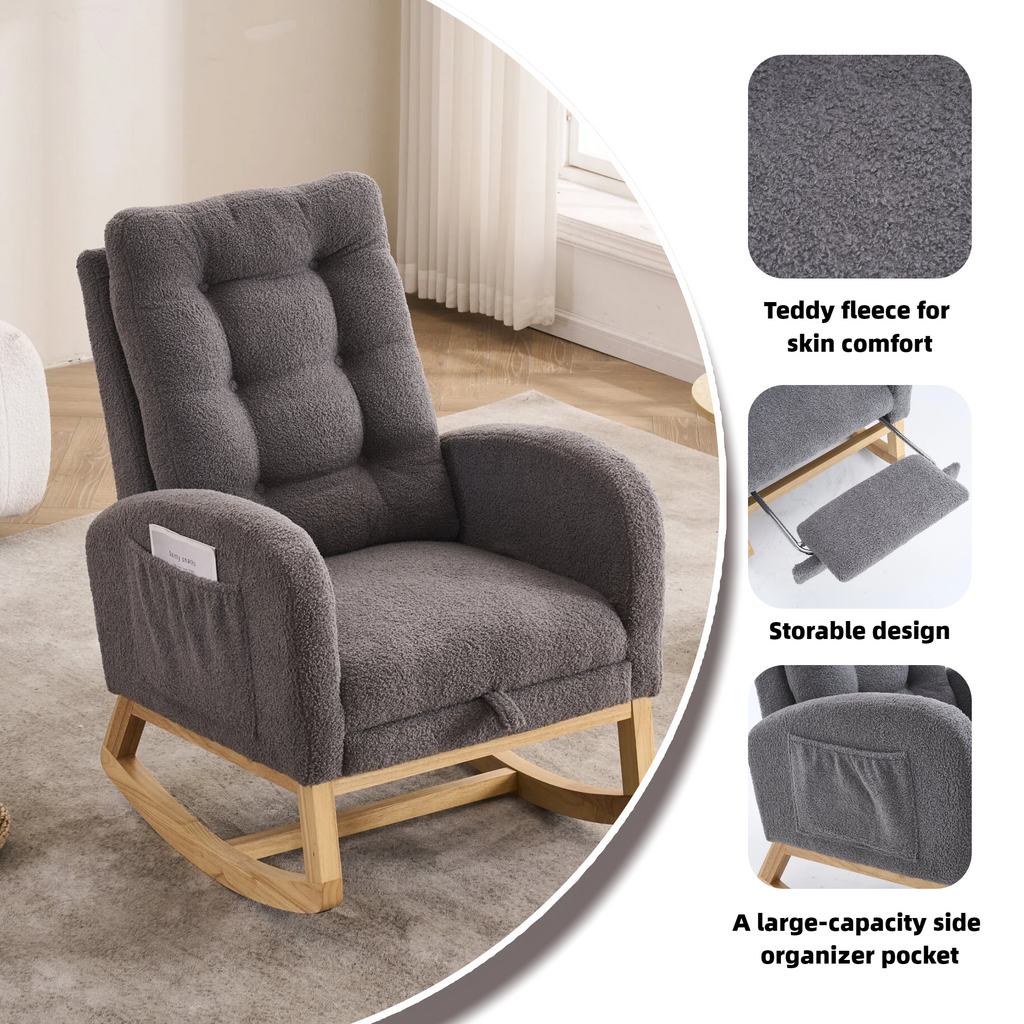 LY-5104 Dark Gray  Accent Rocking  Chair with  Footrest High Back Rubber Wood Rocking Legs Bedroom Living Space   26.77D X 38.36W X 39.76H Inch - Grand Goldman Shop