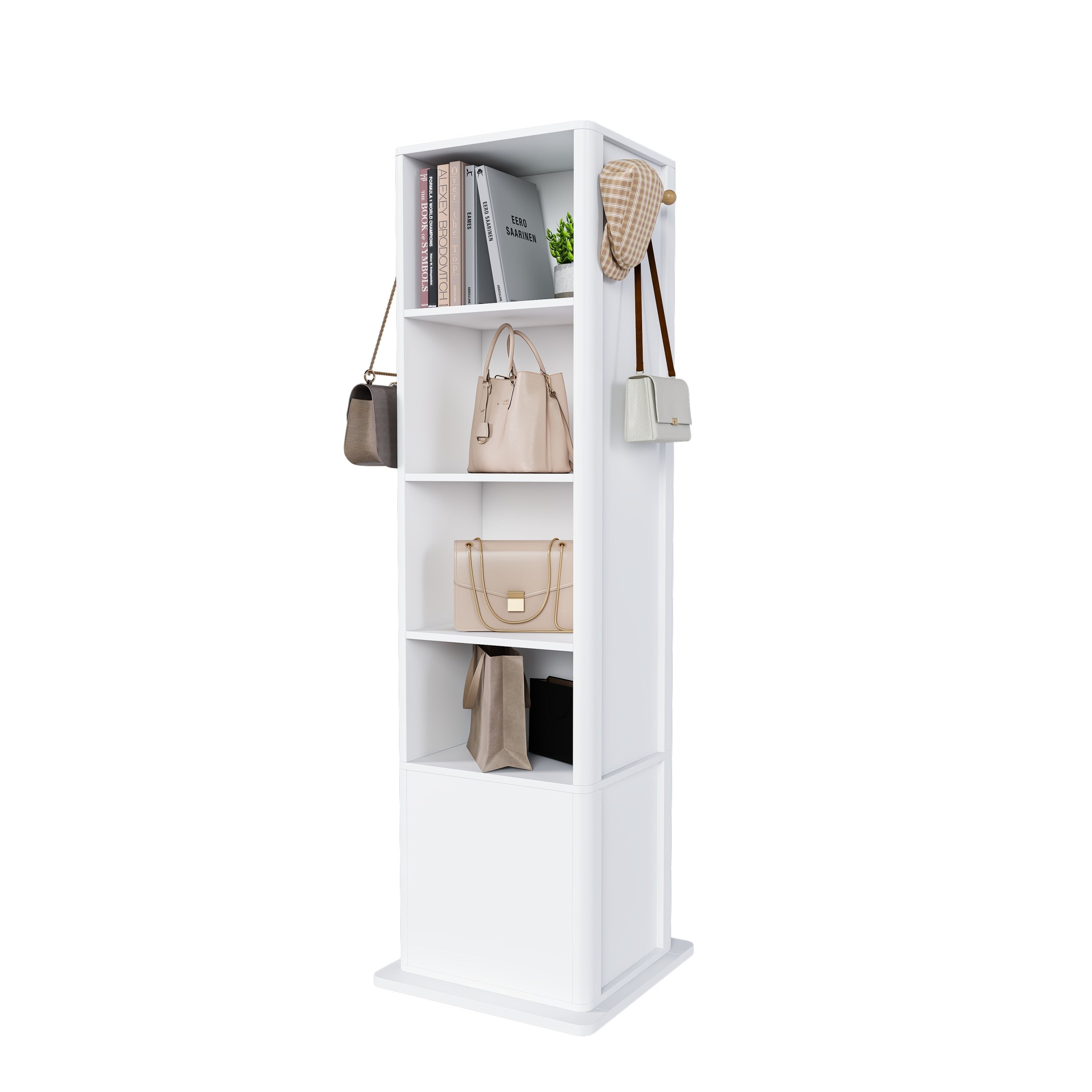 360° Rotating White Makeup Cabinet with Full-Length Mirror, Jewelry Storage, Coat Rack, 4 Open Shelves, 2 Built-In Shelves, MDF and Glass - Grand Goldman Shop