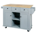 Kitchen Cart with Rubber wood Drop-Leaf Countertop ,Cabinet door internal storage racks,Kitchen Island on 5 Wheels with Storage Cabinet and 3 Drawers for Dinning Room, Grey Blue - Grand Goldman Shop