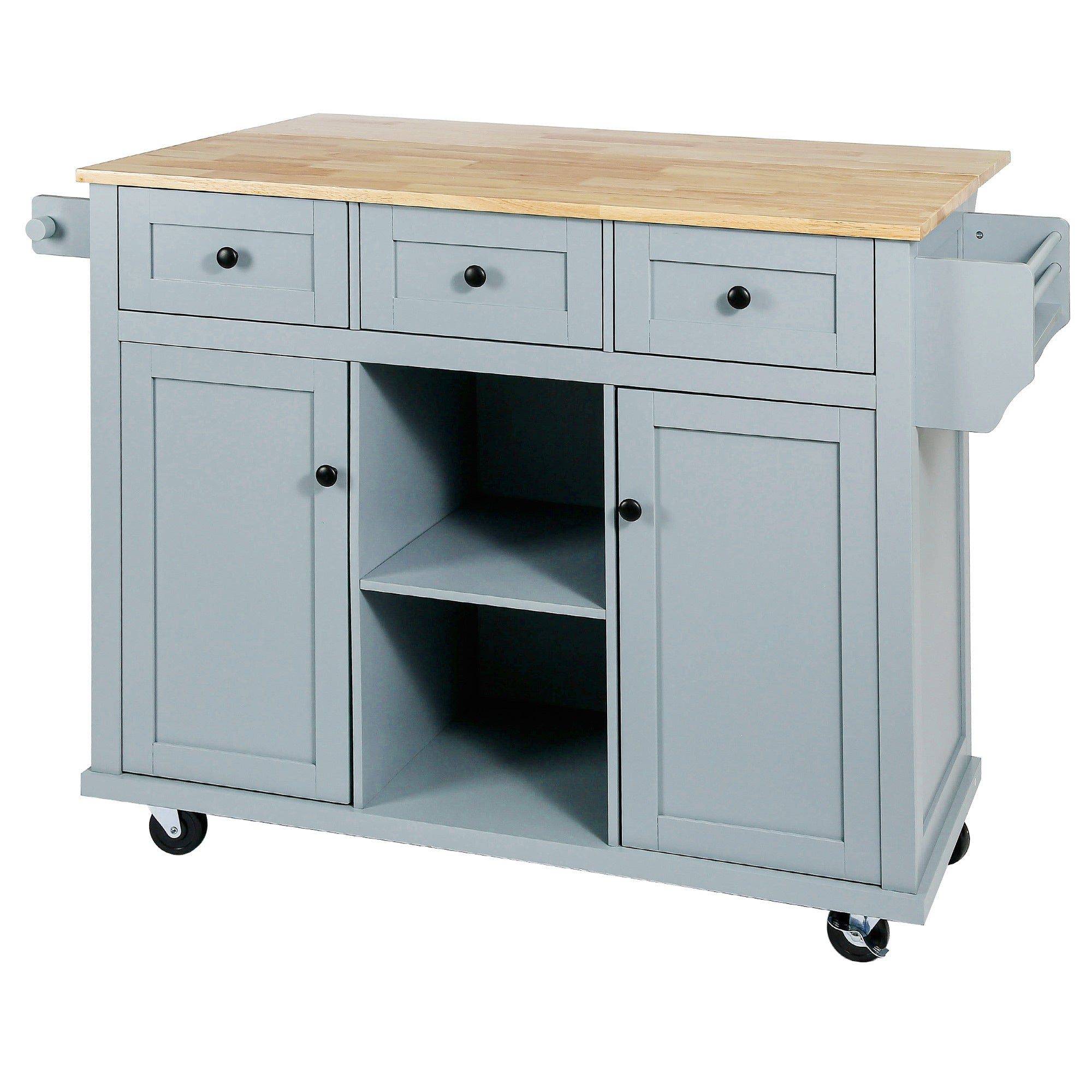 Kitchen Cart with Rubber wood Drop-Leaf Countertop ,Cabinet door internal storage racks,Kitchen Island on 5 Wheels with Storage Cabinet and 3 Drawers for Dinning Room, Grey Blue - Grand Goldman Shop