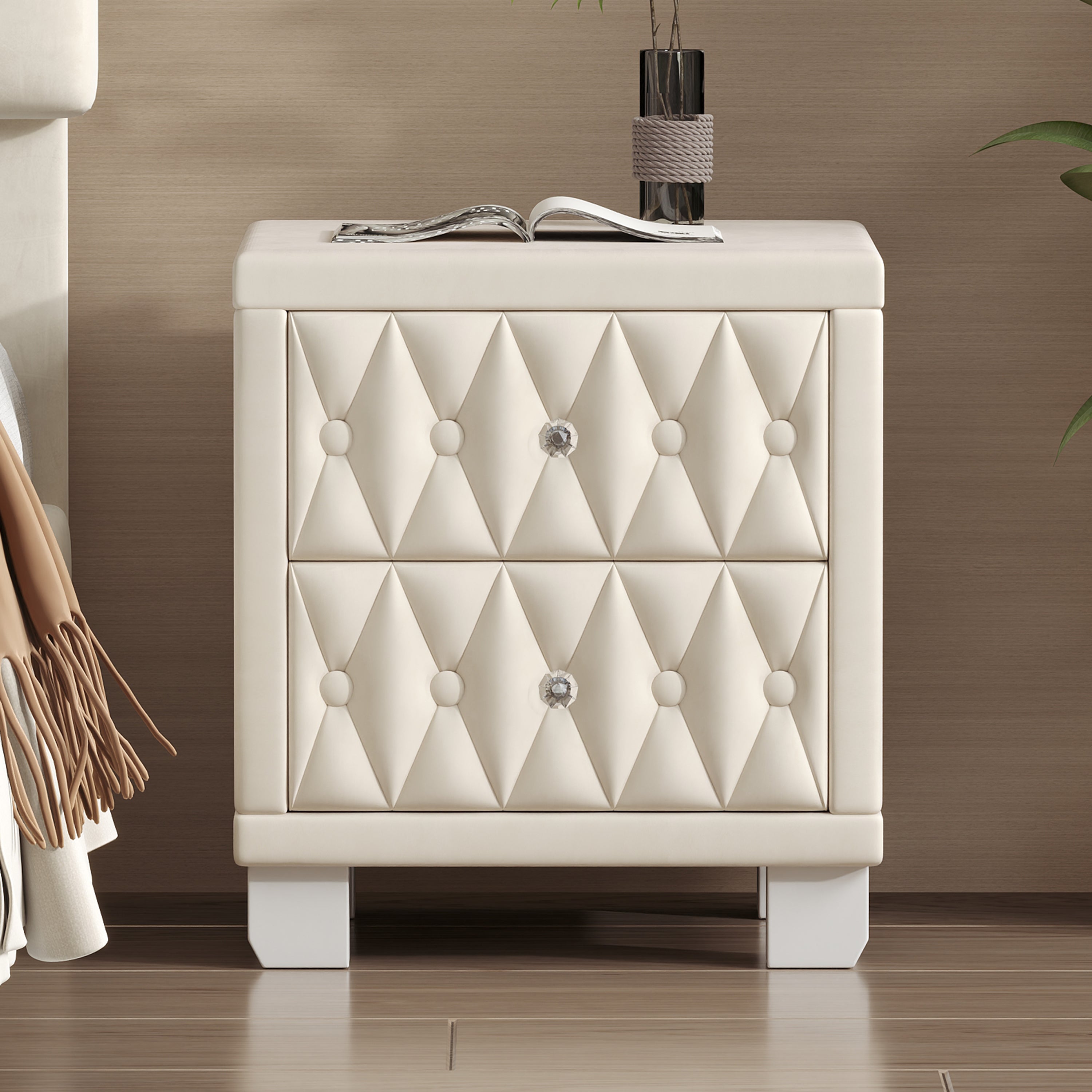 Elegant Velvet Nightstand with 2 Drawers and Crystal Handle, Storage Bedside Table with Button-Tufted, Beige - Grand Goldman Shop