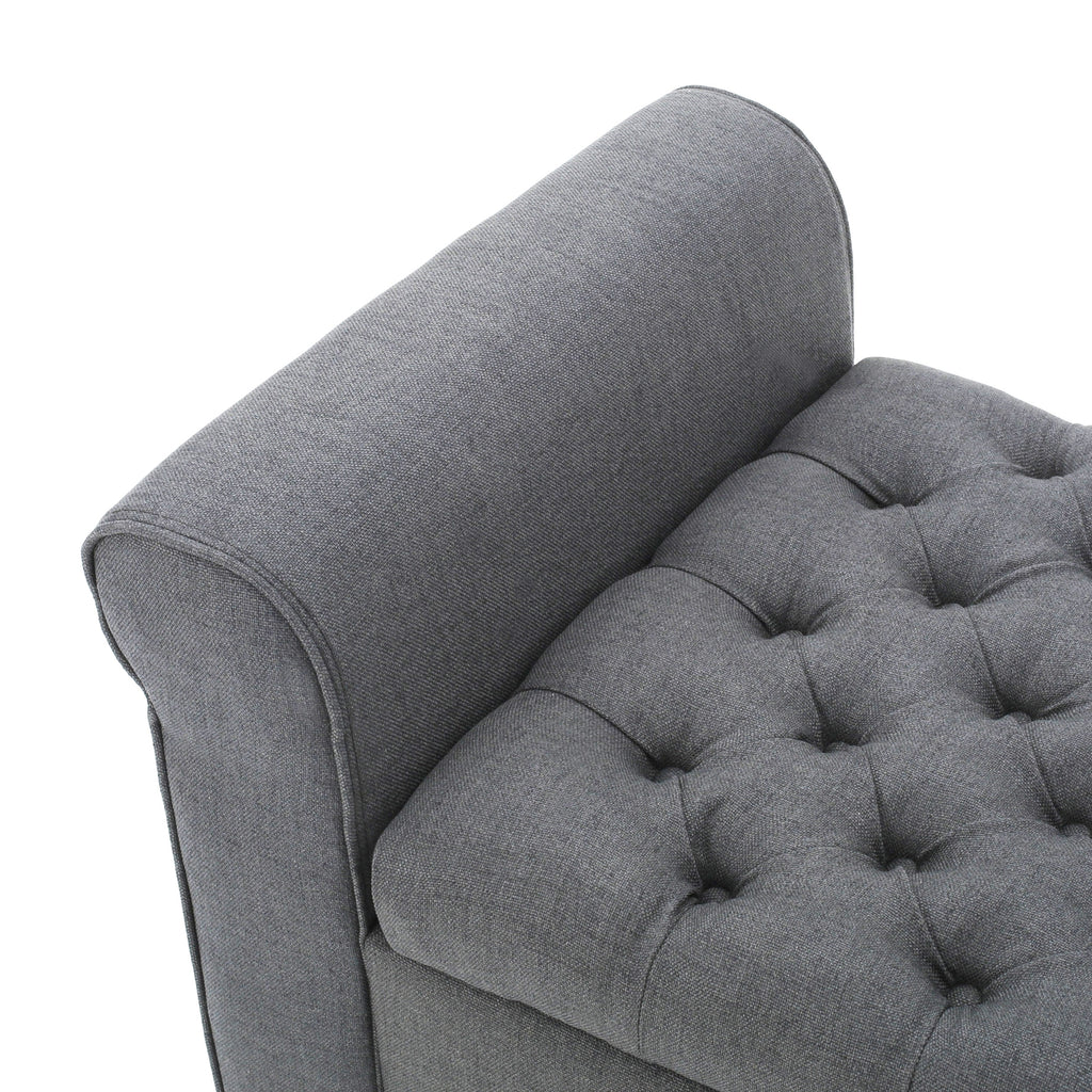 HAYES Contemporary Armed Storage Bench with Rolled Arms and Button Tufting in Dark Gray Fabric - Grand Goldman Shop