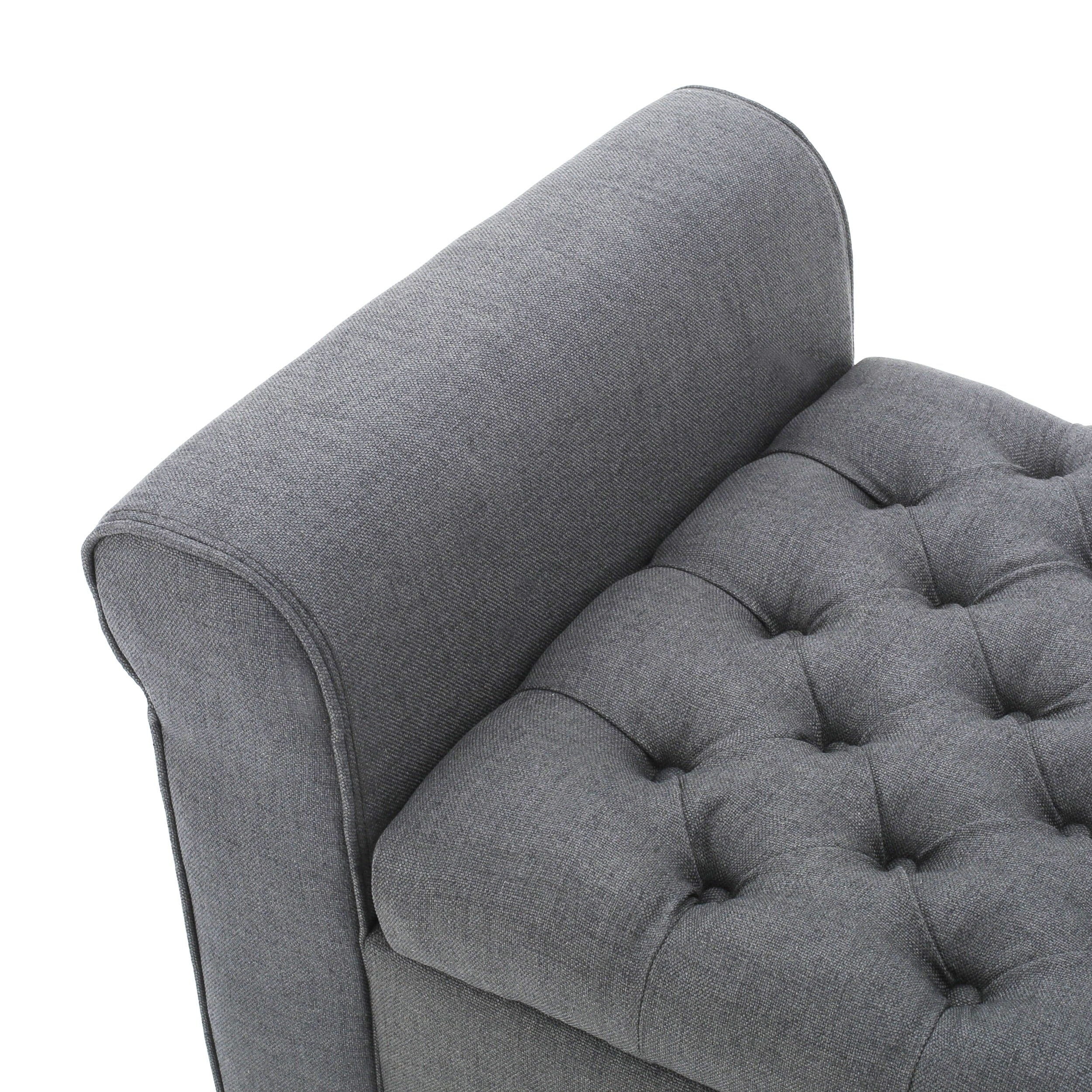 HAYES Contemporary Armed Storage Bench with Rolled Arms and Button Tufting in Dark Gray Fabric - Grand Goldman Shop
