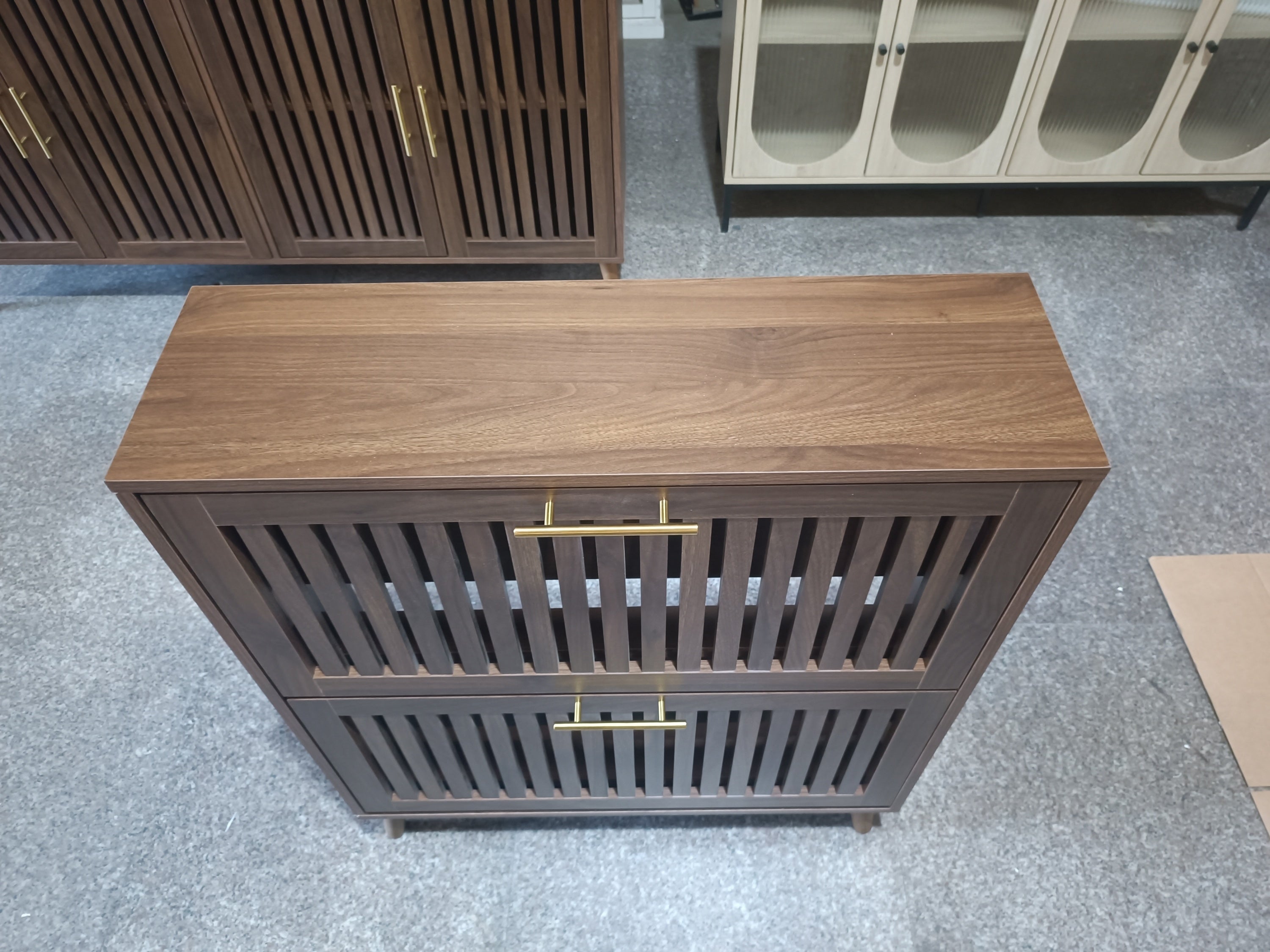 Medieval Modern Walnut Shoe Storage Cabinet With 2 Flip Drawers And Fence Design, 31.5-Inch, Particle Board + MDF - Grand Goldman Shop