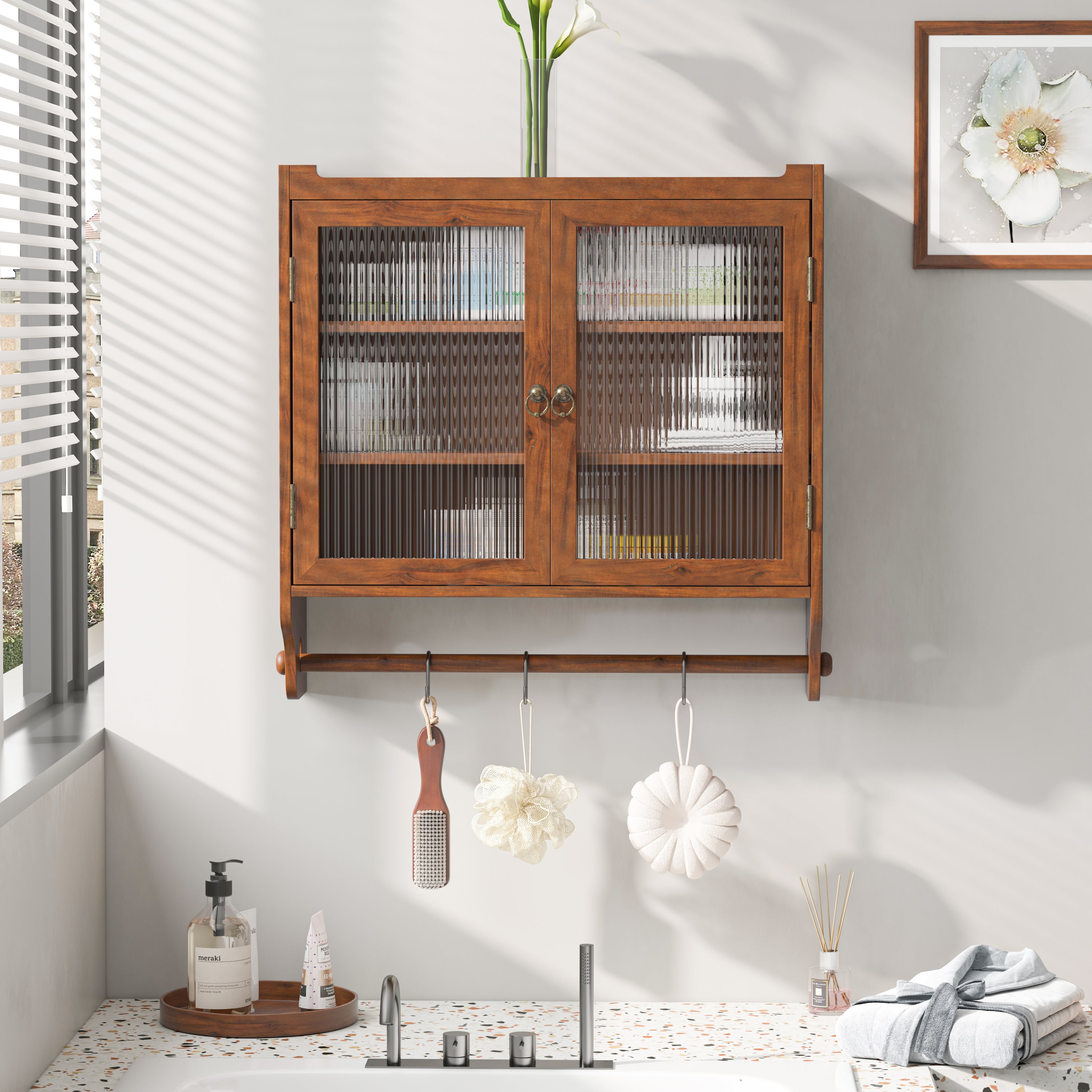 24.8'Glass Door Vintage Double Door Wall Cabinet with Three Tiers of Storage with Towel Rack, for Bathroom, Kitchen,Dining Room,Brown - Grand Goldman Shop