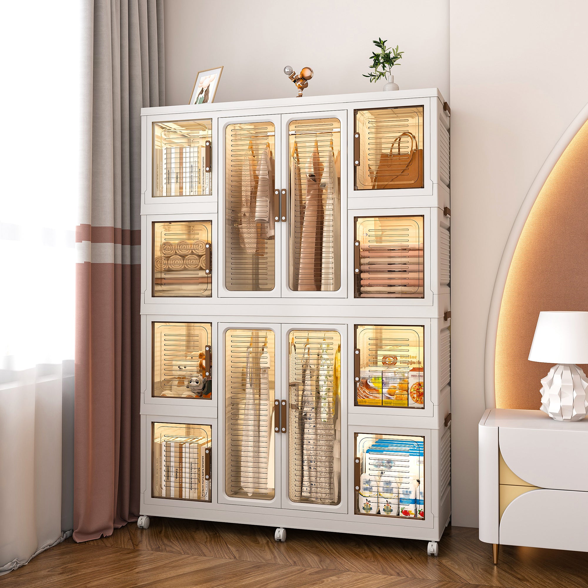 Portable Wardrobe Closet Storage Organizer for Clothes with Magnetic Doors, 12 Cubes & 2 Hanging Rods, White - Grand Goldman Shop