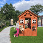 Wooden Kids Playhouse with 2 windows and flowerpot holder,42'Lx46'Wx55'H,Golden Red | Premium Home Decor - Grand Goldman