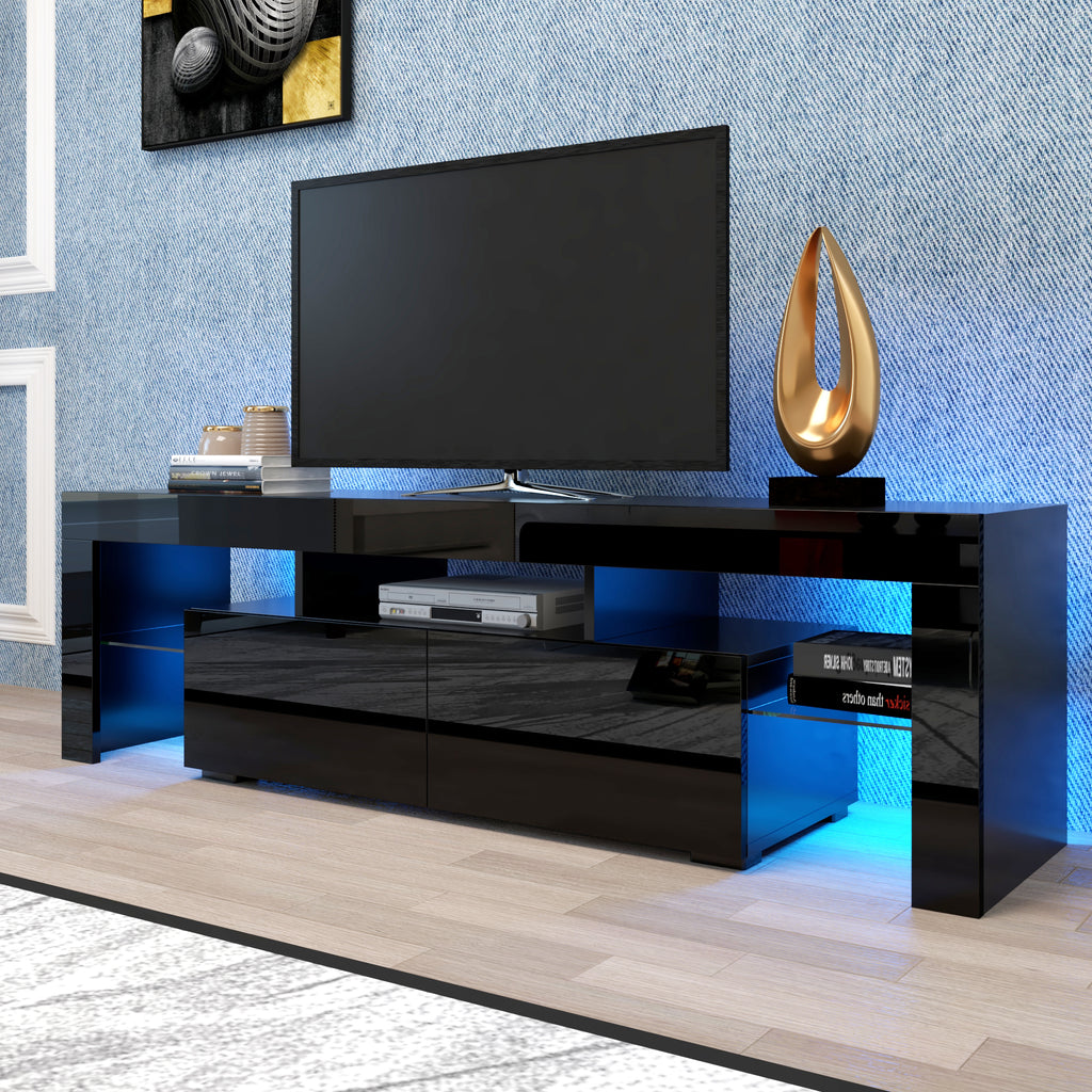 Modern Black TV Stand, 20 Colors LED TV Stand w/Remote Control Lights - Grand Goldman Shop