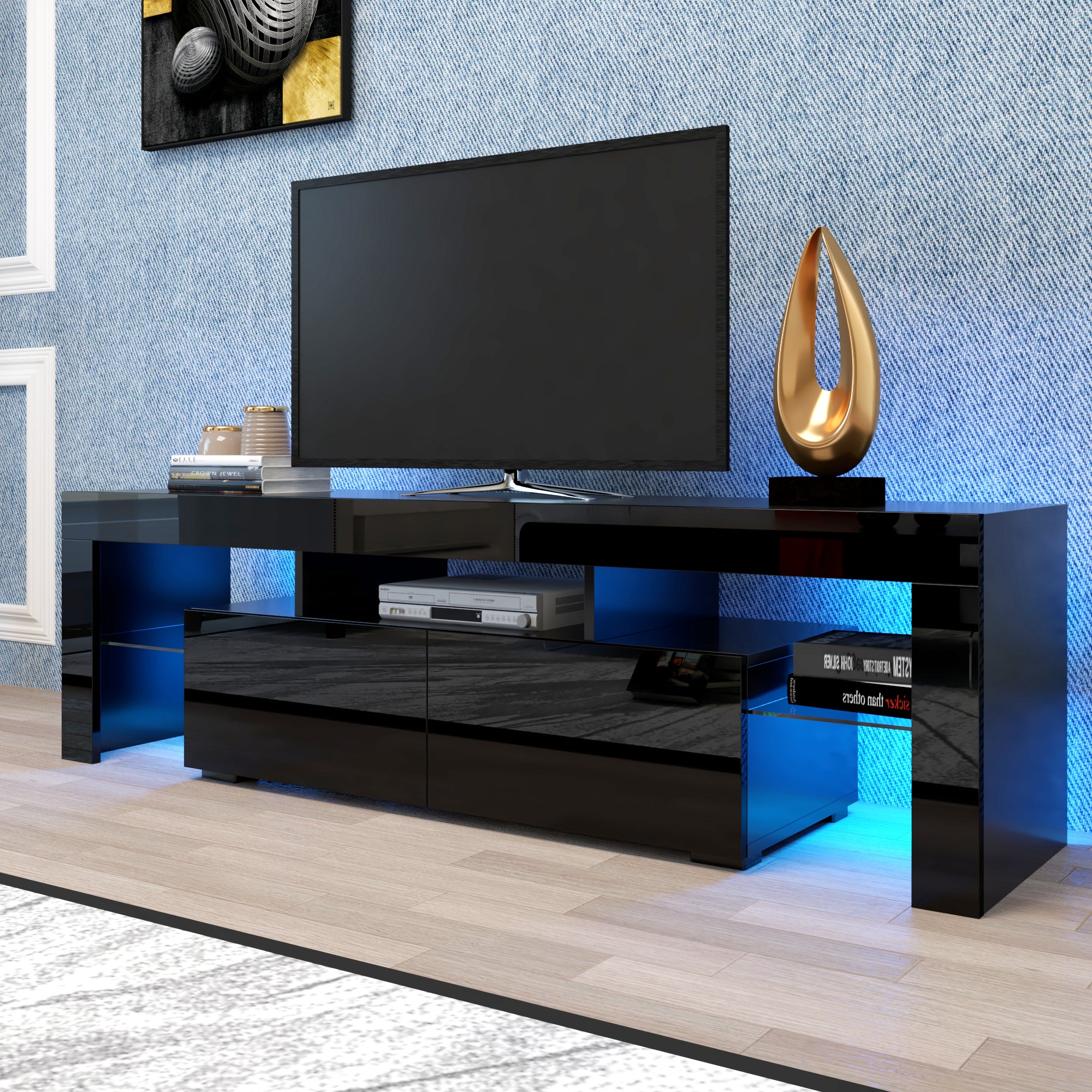Modern Black TV Stand, 20 Colors LED TV Stand w/Remote Control Lights - Grand Goldman Shop