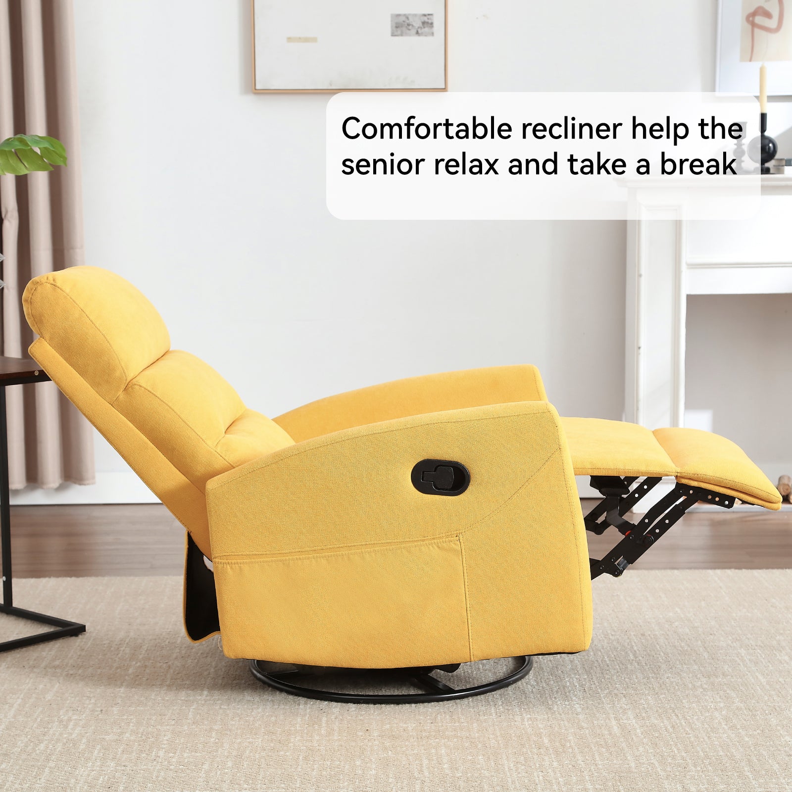Manual Recliner Chair with Rocker and Swivel in Fabric for Living Room, Yellow - Grand Goldman Shop