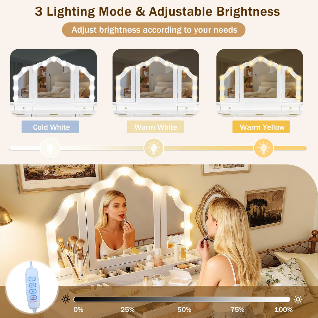 44.37 ' Makeup Vanity Desk with 13 Hollywood Bulbs and 3 Lighting Modes, Dressing Table with Tri-Fold Mirror   Large Vanity Table with 5 Drawers and Shelves and  Charging Station for Bedroom, White - Grand Goldman Shop